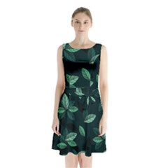 Foliage Sleeveless Waist Tie Chiffon Dress