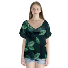 Foliage V-Neck Flutter Sleeve Top