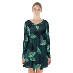Foliage Long Sleeve Velvet V-neck Dress