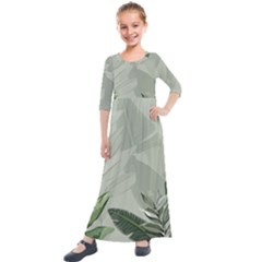 Banana Leaf Plant Pattern Kids  Quarter Sleeve Maxi Dress
