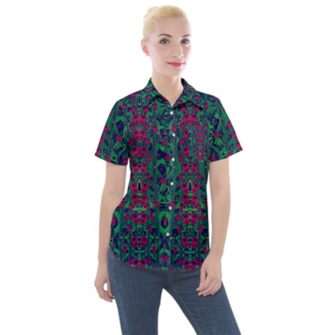 Tree Flower Paradise Of Inner Peace And Calm Pop-art Women s Short Sleeve Pocket Shirt by pepitasart