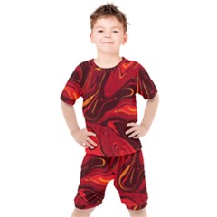 Red Vivid Marble Pattern Kids  Tee And Shorts Set by goljakoff
