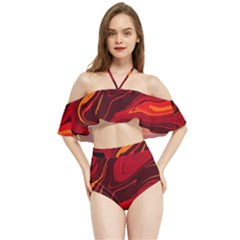 Red Vivid Marble Pattern Halter Flowy Bikini Set  by goljakoff