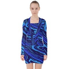 Blue Vivid Marble Pattern 16 V-neck Bodycon Long Sleeve Dress by goljakoff