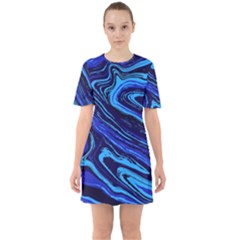 Blue Vivid Marble Pattern 16 Sixties Short Sleeve Mini Dress by goljakoff