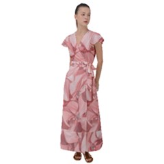 Coral Colored Hortensias Floral Photo Flutter Sleeve Maxi Dress by dflcprintsclothing