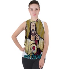 Buddy Christ Mock Neck Chiffon Sleeveless Top by Valentinaart