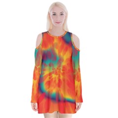 Retro Tye Die Velvet Long Sleeve Shoulder Cutout Dress by DressitUP