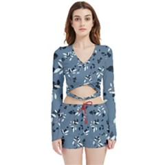 Abstract fashion style  Velvet Wrap Crop Top and Shorts Set