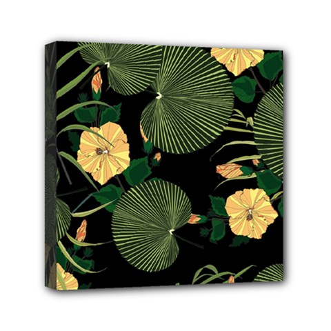 Tropical Vintage Yellow Hibiscus Floral Green Leaves Seamless Pattern Black Background  Mini Canvas 6  X 6  (stretched) by Sobalvarro