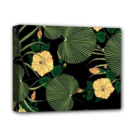 Tropical vintage yellow hibiscus floral green leaves seamless pattern black background. Deluxe Canvas 14  x 11  (Stretched)