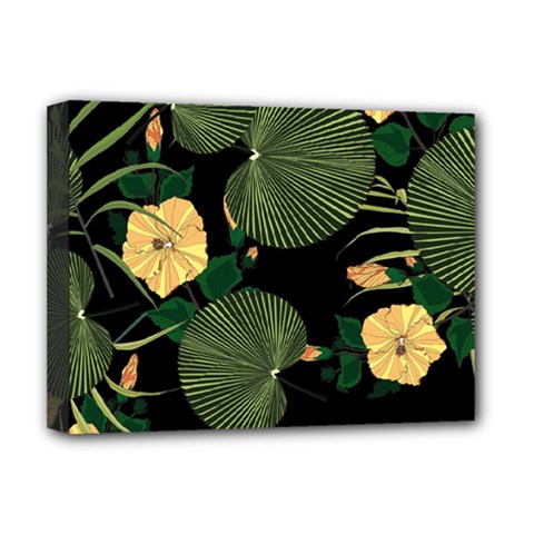 Tropical vintage yellow hibiscus floral green leaves seamless pattern black background. Deluxe Canvas 16  x 12  (Stretched) 