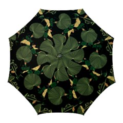 Tropical vintage yellow hibiscus floral green leaves seamless pattern black background. Golf Umbrellas