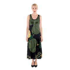 Tropical vintage yellow hibiscus floral green leaves seamless pattern black background. Sleeveless Maxi Dress