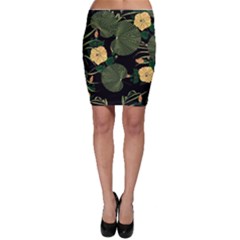 Tropical vintage yellow hibiscus floral green leaves seamless pattern black background. Bodycon Skirt