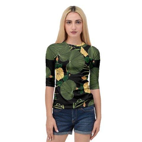 Tropical Vintage Yellow Hibiscus Floral Green Leaves Seamless Pattern Black Background  Quarter Sleeve Raglan Tee by Sobalvarro