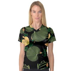 Tropical vintage yellow hibiscus floral green leaves seamless pattern black background. V-Neck Sport Mesh Tee