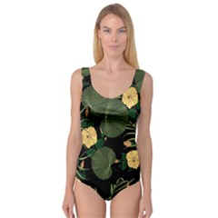 Tropical vintage yellow hibiscus floral green leaves seamless pattern black background. Princess Tank Leotard 