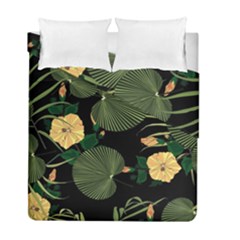 Tropical Vintage Yellow Hibiscus Floral Green Leaves Seamless Pattern Black Background  Duvet Cover Double Side (full/ Double Size) by Sobalvarro