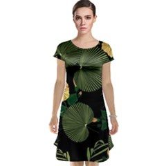 Tropical Vintage Yellow Hibiscus Floral Green Leaves Seamless Pattern Black Background  Cap Sleeve Nightdress by Sobalvarro