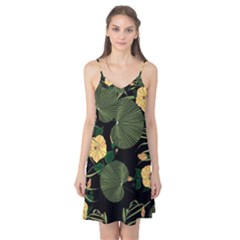 Tropical vintage yellow hibiscus floral green leaves seamless pattern black background. Camis Nightgown