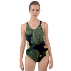 Tropical vintage yellow hibiscus floral green leaves seamless pattern black background. Cut-Out Back One Piece Swimsuit