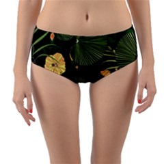 Tropical vintage yellow hibiscus floral green leaves seamless pattern black background. Reversible Mid-Waist Bikini Bottoms