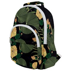 Tropical Vintage Yellow Hibiscus Floral Green Leaves Seamless Pattern Black Background  Rounded Multi Pocket Backpack by Sobalvarro