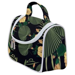 Tropical vintage yellow hibiscus floral green leaves seamless pattern black background. Satchel Handbag