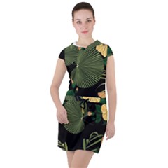 Tropical vintage yellow hibiscus floral green leaves seamless pattern black background. Drawstring Hooded Dress