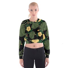 Tropical vintage yellow hibiscus floral green leaves seamless pattern black background. Cropped Sweatshirt