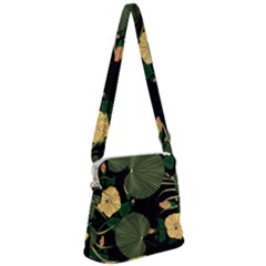 Tropical vintage yellow hibiscus floral green leaves seamless pattern black background. Zipper Messenger Bag