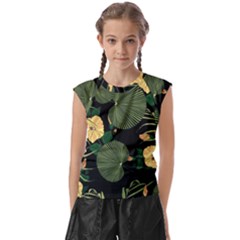 Tropical Vintage Yellow Hibiscus Floral Green Leaves Seamless Pattern Black Background  Kids  Raglan Cap Sleeve Tee by Sobalvarro