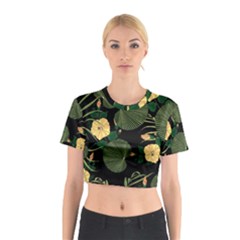 Tropical vintage yellow hibiscus floral green leaves seamless pattern black background. Cotton Crop Top