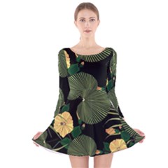 Tropical vintage yellow hibiscus floral green leaves seamless pattern black background. Long Sleeve Velvet Skater Dress