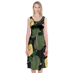 Tropical Vintage Yellow Hibiscus Floral Green Leaves Seamless Pattern Black Background  Midi Sleeveless Dress by Sobalvarro