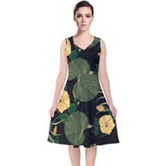 Tropical vintage yellow hibiscus floral green leaves seamless pattern black background. V-Neck Midi Sleeveless Dress 