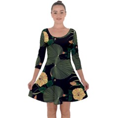 Tropical vintage yellow hibiscus floral green leaves seamless pattern black background. Quarter Sleeve Skater Dress