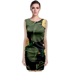 Tropical vintage yellow hibiscus floral green leaves seamless pattern black background. Classic Sleeveless Midi Dress