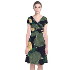 Tropical vintage yellow hibiscus floral green leaves seamless pattern black background. Short Sleeve Front Wrap Dress