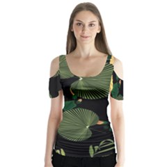 Tropical vintage yellow hibiscus floral green leaves seamless pattern black background. Butterfly Sleeve Cutout Tee 
