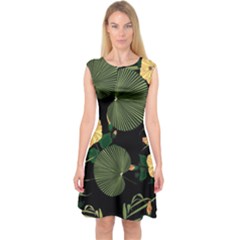 Tropical vintage yellow hibiscus floral green leaves seamless pattern black background. Capsleeve Midi Dress