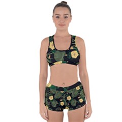 Tropical Vintage Yellow Hibiscus Floral Green Leaves Seamless Pattern Black Background  Racerback Boyleg Bikini Set by Sobalvarro