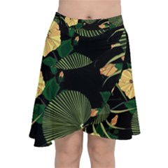 Tropical vintage yellow hibiscus floral green leaves seamless pattern black background. Chiffon Wrap Front Skirt