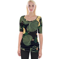 Tropical vintage yellow hibiscus floral green leaves seamless pattern black background. Wide Neckline Tee