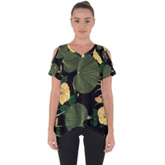 Tropical vintage yellow hibiscus floral green leaves seamless pattern black background. Cut Out Side Drop Tee