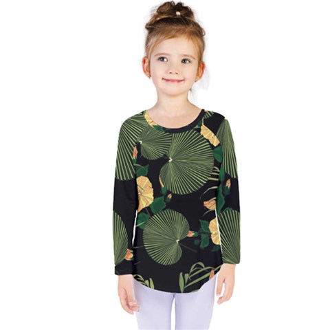 Tropical Vintage Yellow Hibiscus Floral Green Leaves Seamless Pattern Black Background  Kids  Long Sleeve Tee by Sobalvarro