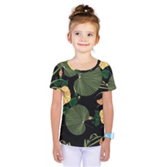 Tropical vintage yellow hibiscus floral green leaves seamless pattern black background. Kids  One Piece Tee