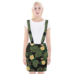 Tropical Vintage Yellow Hibiscus Floral Green Leaves Seamless Pattern Black Background  Braces Suspender Skirt by Sobalvarro