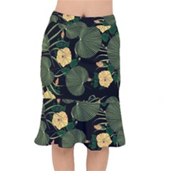 Tropical vintage yellow hibiscus floral green leaves seamless pattern black background. Short Mermaid Skirt